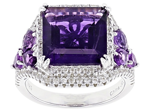 Photo of Purple Amethyst Square 11mm with White Zircon Rhodium Over Silver Ring 6.92ctw - Size 7