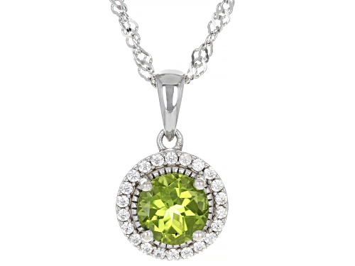 Photo of 1.35ct Round Manchurian Peridot™ With 0.15ctw Lab White Sapphire Rhodium Over Silver Pendant Chain