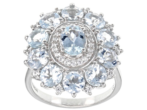 Photo of Blue Aquamarine Round 4.5mm and White Zircon Rhodium Over Sterling Silver Ring 3.61ctw - Size 9