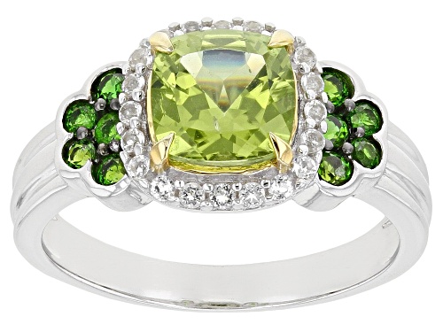 Peridot Cushion 7mm with Chrome Diopside and White Topaz Rhodium Over Sterling Silver Ring 2.34ctw - Size 8