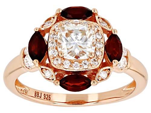 Photo of Moissanite Cushion 5.5mm and Red Garnet 18K Rose Gold Over Sterling Silver Ring 1.80ctw - Size 8