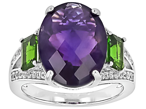 African Amethyst Oval 16x12 with Chrome Diopside & White Zircon Rhodium Over Silver Ring 9.26ctw - Size 7