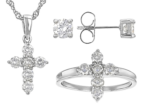 White Moissanite Rhodium Over Sterling Silver Ring, Earrings and Pendant with Chain Set
