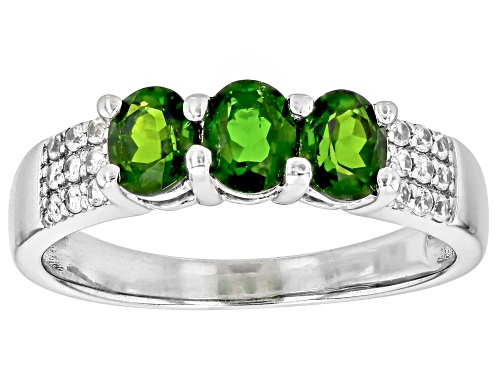 Chrome Diopside Oval 5x4mm and White Zircon Rhodium Over Sterling Silver Ring 1.01ctw - Size 9