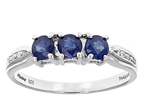 Kanchanaburi Blue Sapphire Round 3.7mm and White Zircon Rhodium Over Sterling Silver Ring 0.74ctw - Size 8