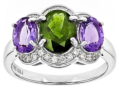 Photo of Chrome Diopside Oval 9x7mm with Amethyst & White Zircon Rhodium Over Sterling Silver Ring 3.13ctw - Size 8