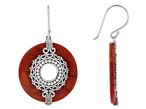 Pacific Style™ 30mm Round Red Coral Rhodium Over Silver Dangle Earrings