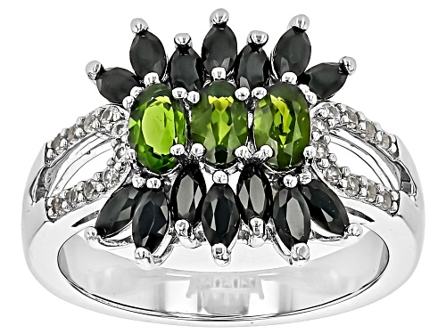Chrome Diopside Oval 5x3mm with White Zircon & Black Spinel Rhodium Over Silver Ring 1.82ctw - Size 8