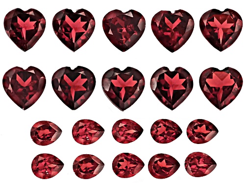 Red Garnet 5x4mm Pear 10pcs, 7mm Heart 10pcs Faceted Cut Gemstones Set of 20 16Ctw