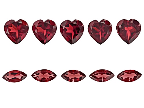 Red Garnet 7.3x5mm Marquise 5pcs, 7mm Heart 5pcs Faceted Cut Gemstones Set of 10 8Ctw