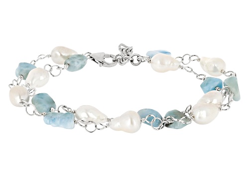 Photo of White Cultured Freshwater Baroque Pearl With Free-Form Larimar Rhodium Over Sterling Silver Bracelet - Size 7.5