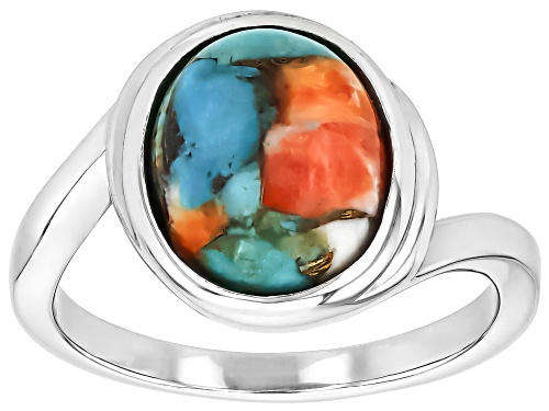 Turquoise and Spiny Oyster Shell Oval 11x9mm Rhodium Over Sterling Silver Ring - Size 6