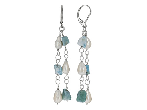 Photo of White Cultured Freshwater Baroque Pearl With Free-Form Larimar Rhodium Over Silver Dangle Earrings