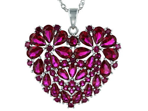 7.96ctw Pear Shape & Round Lab Created Ruby Rhodium Over Silver Heart Pendant With Chain