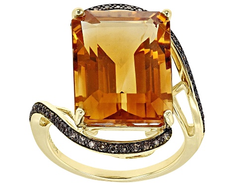 Photo of Orange Madeira Citrine Octagon 16x12mm and Champagne Diamond 10k Yellow Gold Ring 9.45ctw - Size 10