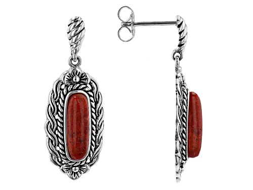 Photo of Red Sponge Coral Rectangular 14x4mm Sterling Silver Earrings