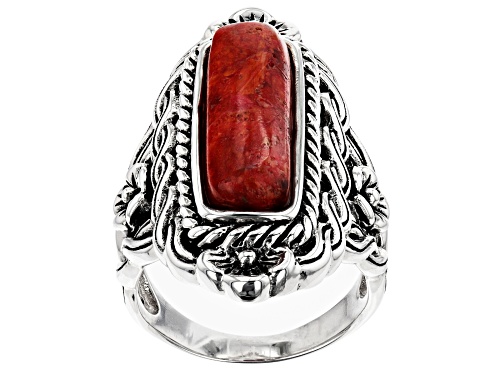 Red Coral Sterling Silver Ring - Size 8