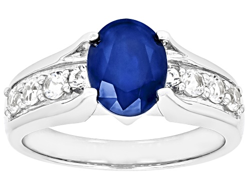 Blue Sapphire Oval 9x7mm 1.96ct And White Topaz 0.61ct Rhodium Over Sterling Silver Ring - Size 7