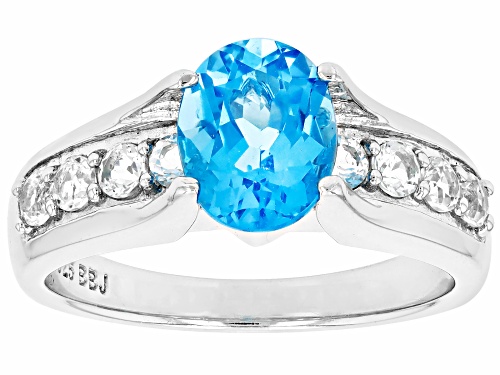 Swiss Blue Topaz Oval 9x7mm 1.91ct and White Topaz 0.61ctw Rhodium Over Sterling Silver Ring - Size 7