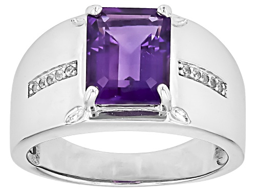 Amethyst Octagon 10x8mm and White Zircon Rhodium Over Sterling Silver Men's Ring 2.92ctw - Size 12