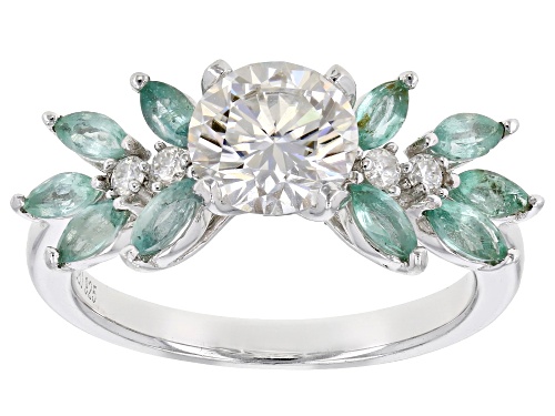 Moissanite Fire® 1.32ctw Dew With .70ctw Zambian Emerald Platineve® Ring - Size 8