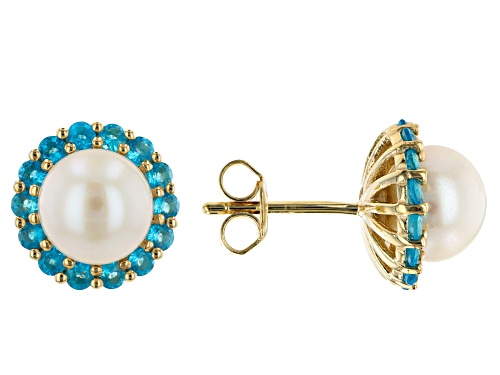 8-8.5mm White Cultured Freshwater Pearl & Neon Apatite 18k Yellow Gold Over Sterling Silver Earrings