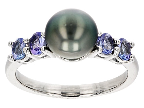 Photo of 8.5-9mm Cultured Tahitian Pearl & Tanzanite Rhodium Over Sterling Silver Ring - Size 7