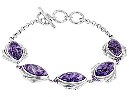 Photo of 16X8MM MARQUISE CHAROITE AND .25CTW AFRICAN AMETHYST RHODIUM OVER SILVER BRACELET - Size 7.5