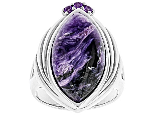 Photo of 22X11MM MARQUISE CHAROITE AND .10CTW AFRICAN AMETHYST RHODIUM OVER SILVER RING - Size 8