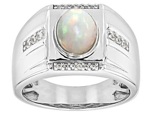 Photo of Ethiopian Opal Oval 9x7mm and White Zircon Rhodium Over Sterling Silver Men's Ring 1.23ctw - Size 12