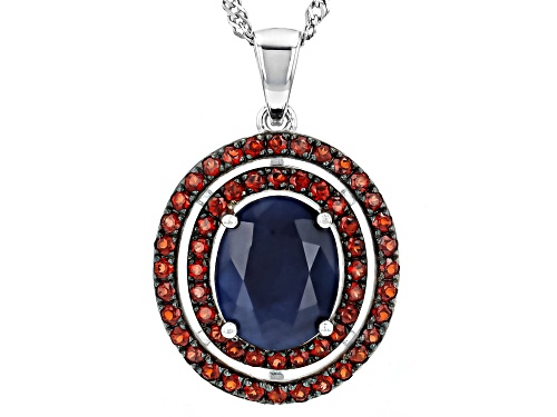 Blue Sapphire Oval 11x9mm and Red Garnet Rhodium Over Sterling Silver Pendant with Chain 4.05ctw