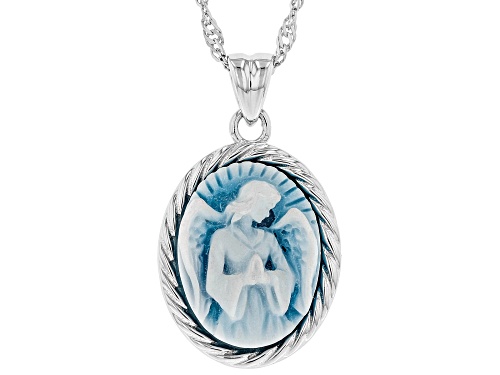 Blue Agate Angel Cameo Oval 16x12mm Rhodium Over Sterling Silver Pendant with Chain 2.35Ctw