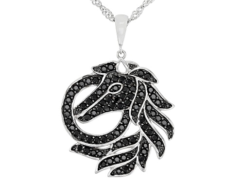 1.12ctw Round Black Spinel Rhodium Over Sterling Silver Horse Pendant With Chain