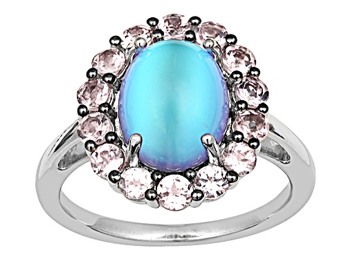 Photo of Aurora Moonstone Oval 10x8mm And Color Shift Garnet Rhodium Over Sterling Silver Halo Ring 3.83ctw - Size 7