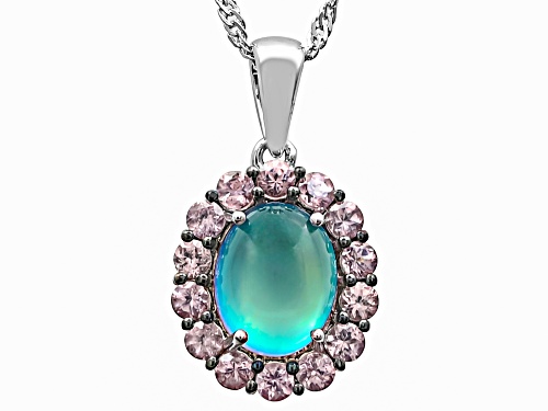 Aurora Moonstone Oval 10x8mm And Garnet Rhodium Over Sterling Silver Pendant with Chain 3.83ctw