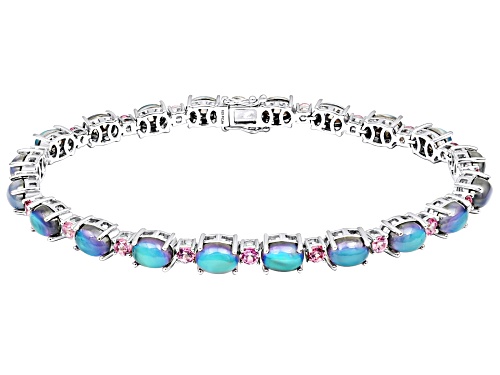 Photo of Aurora Moonstone Oval 7x5mm And Color Shift Garnet Rhodium Over Sterling Silver Bracelet 17.68ctw - Size 8