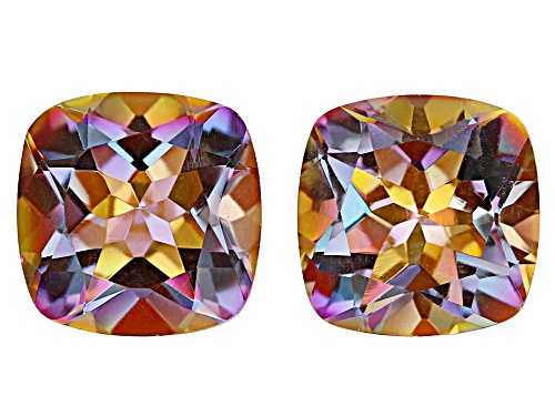 Multi-Color Northern Light Quartz 10mm CushionFaceted Cut Gemstones Matched Pair 7CTW