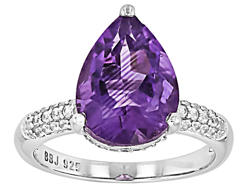 Brazilian Amethyst Pear 14x10mm and White Zircon Rhodium Over Sterling Silver Ring 4.45ctw - Size 9