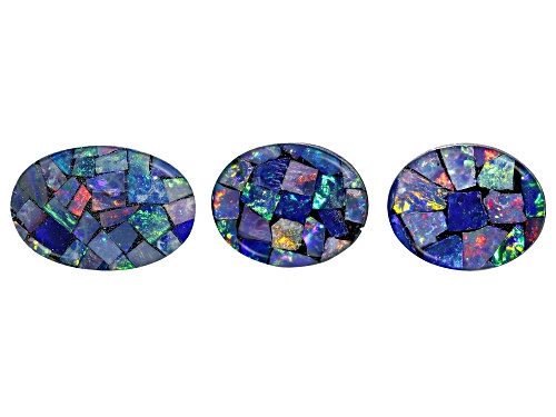 Multi-Color Mosaic Opal Triplet 10X8mm, 12x8mm Oval Cabochon Cut Gemstones Set Of 3 5.50Ctw