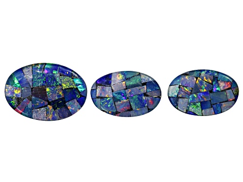 Multi-Color Mosaic Opal Triplet 14X10mm, 12x8mm Oval Cabochon Cut Gemstones Set Of 3 8.00Ctw