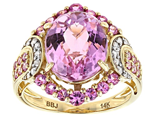 Photo of Pink Kunzite Oval 12x10mm with Pink Sapphire and White Diamond 14k Yellow Gold Ring 6.56ctw - Size 10