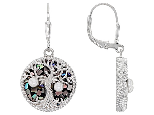 Pacific Style™ Mosaic Abalone & Cultured Freshwater Pearl Rhodium Over Silver Tree of Life Earrings