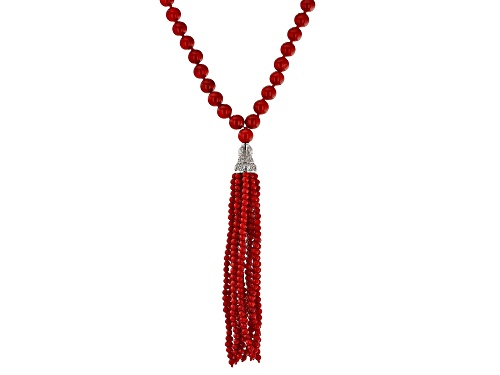 Pacific Style™ Red Coral Bead Round 3mm and 8mm Rhodium Over Silver Tassel Necklace 30" - Size 30