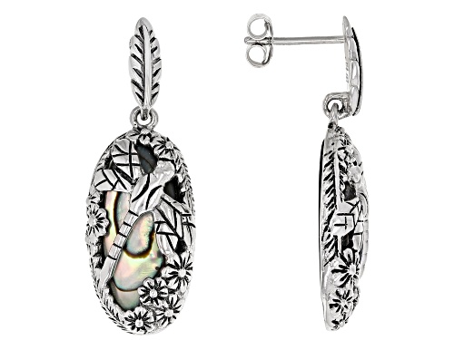 Pacific Style™ Abalone Shell Oval 20x9mm Rhodium Over Sterling Silver Dragonfly Earrings 3.95Ctw