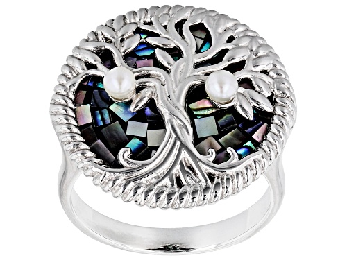 Photo of Pacific Style™ Mosaic Abalone & Cultured Freshwater Pearl Rhodium Over Silver Tree of Life Ring - Size 7