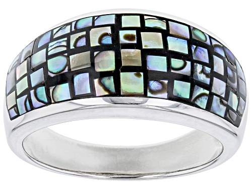 Pacific Style™ Mosaic Abalone Shell Rhodium Over Sterling Silver Dome Inlay Ring - Size 7