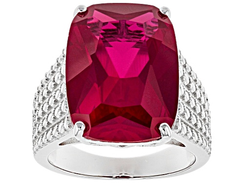 13.51ct rectangular cushion lab created ruby solitaire rhodium over sterling silver ring - Size 8