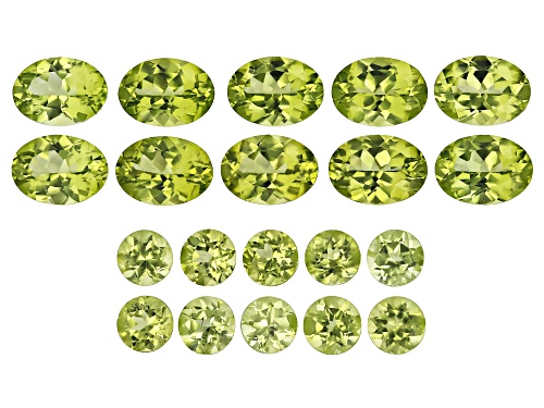 Green Pakistan Peridot 4mm Round, 7x5mm Oval Faceted Cut Gemstones Set Of 20 10.75Ctw