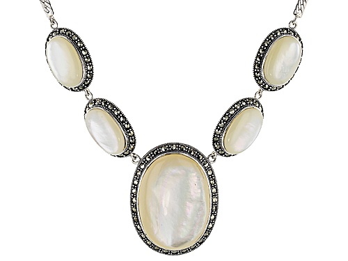 White Mother-Of-Pearl Oval With Round Marcasite Sterling Silver Necklace 18" 85.17Ctw - Size 18