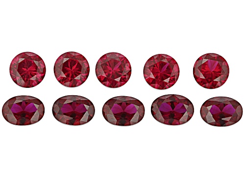Photo of Red Lab Created Ruby 7x5mm 5pcs oval ,6mm 5pcs Round faceted Cut gemstones set of 10 9ctw